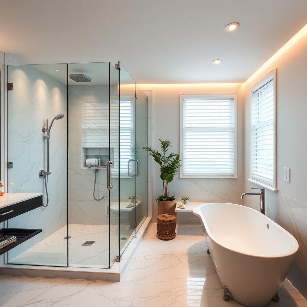 Frameless glass walk-in shower with marble tile
