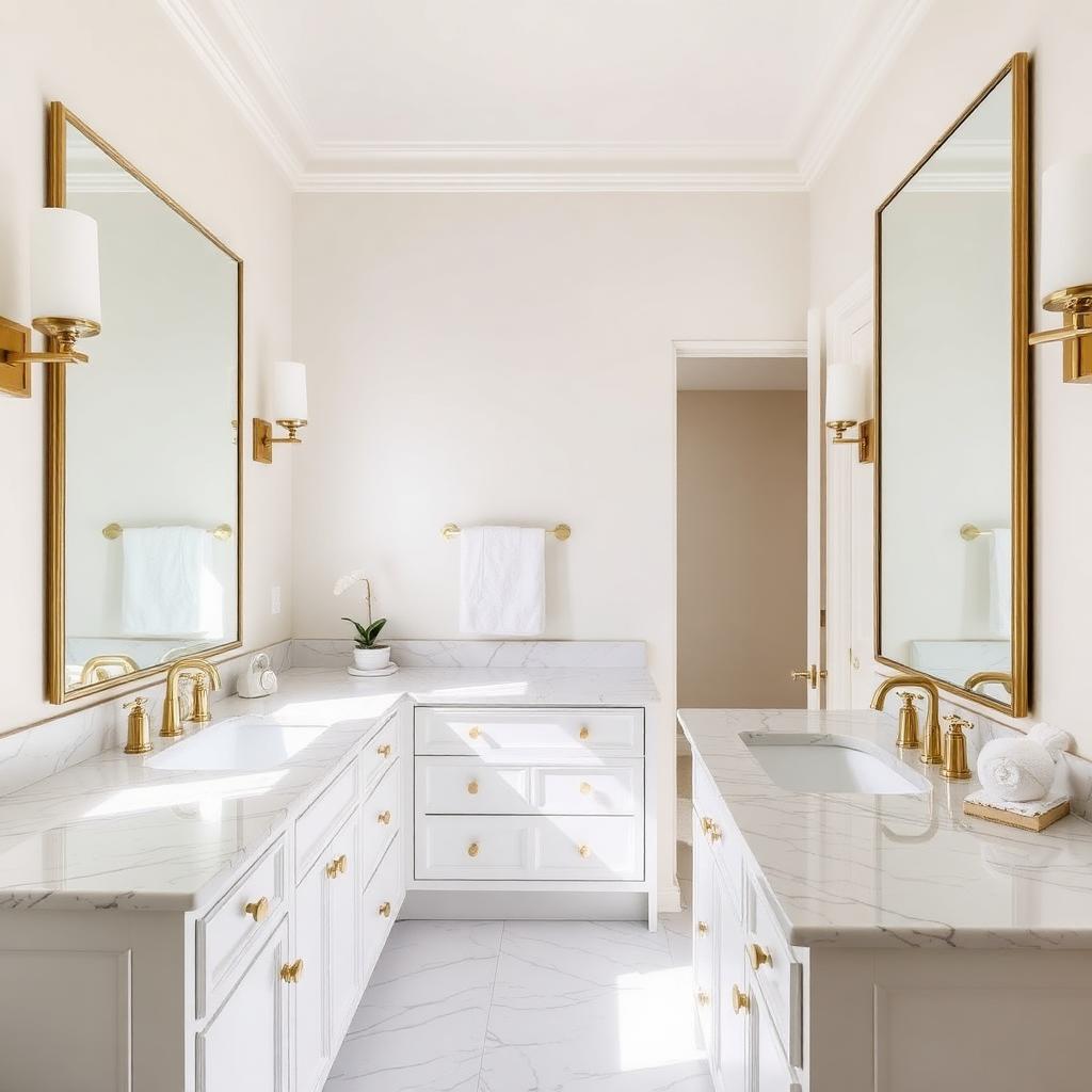 Double vanity with quartz counters and brass fixtures