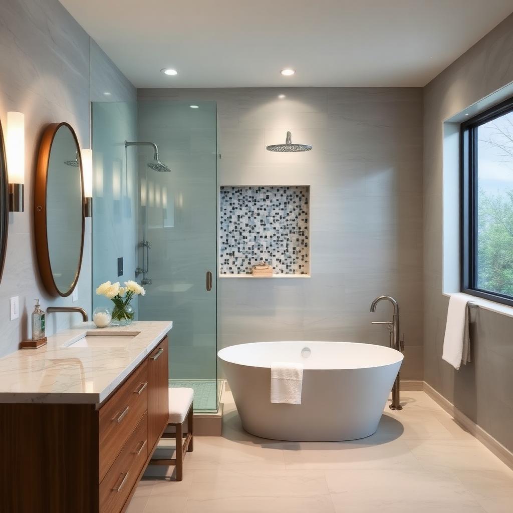 Freestanding soaking tub with mosaic accent