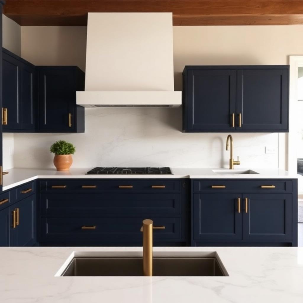 Navy blue kitchen with brass hardware